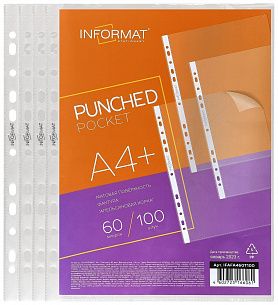 Файлы INFORMAT А4+ 60 мкм плотные, прозрачные, апельсиновая корка, 100 шт