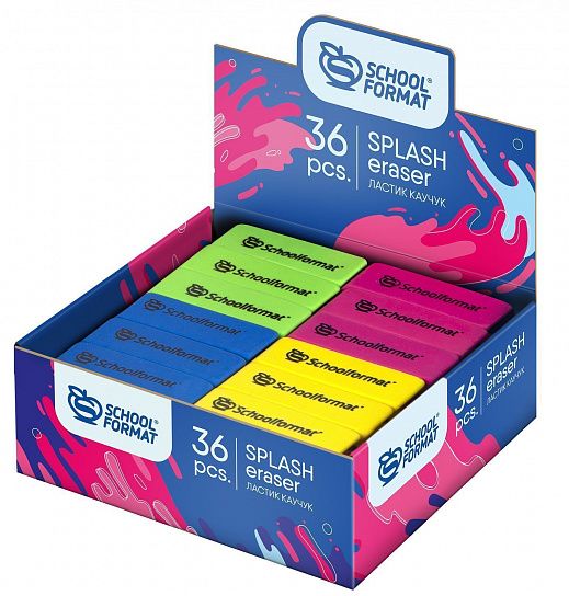 Ластик Schoolformat SPLASH 55х15х12 мм каучук, ассорти, в дисплее