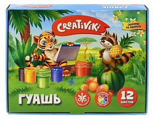 Гуашь Creativiki 12 цветов по 20 мл ассорти, набор баночек