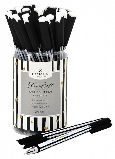 Ручка шариковая на масляной основе LOREX B&W.STRAPS Slim Soft синяя 0,5 мм, черно-белый круглый корпус, покрытие ultra-soft touch, игольчатый наконечник