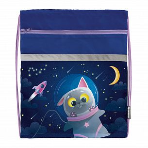 Мешок для обуви Schoolformat SPACE CAT 49х41 см, синий, 1 отделение, с большим карманом на молнии, для девочек