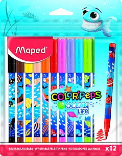 Фломастеры MAPED COLOR'PEPS OCEAN LIFE классические 12 цв. круглый корпус, легкосмываемые, принт на корпусе, пакет