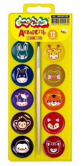 Акварель Каляка-Маляка ЗВЕРЯТА В ДОМИКЕ 12 цветов, с кистью, пластиковая упаковка
