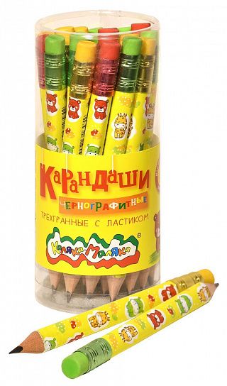 Карандаш чернографитный деревянный Каляка-Маляка ДЖАМБО НВ с ластиком, заточенный, трехгранный, принт на корпусе, тубус
