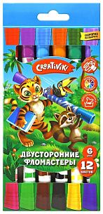 Фломастеры Creativiki классические 12 цв. круглый корпус, стандартные, двухсторонние, принт на корпусе, картонная упаковка