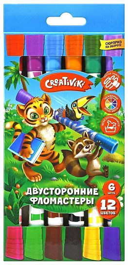 Фломастеры Creativiki классические 12 цв. круглый корпус, стандартные, двухсторонние, принт на корпусе, картонная упаковка
