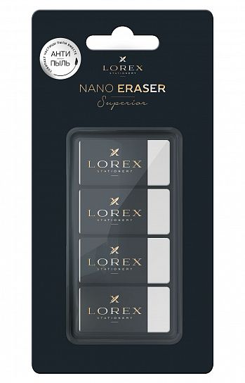 Набор ластиков LOREX NANO SUPERIOR ECO-ПВХ 40х20х11 мм прямоугольный, белый мягкий, "антипыль" карт. держатель индив.штрих-код, 4 шт в блист