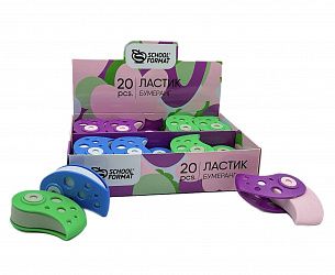 Ластик Schoolformat БУМЕРАНГ, термопластичная резина, 50х32х18 мм фигурный, ассорти, мягкий, пластиковый держатель, индивидуальный ШК