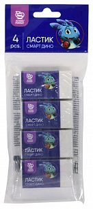 Набор ластиков Schoolformat СМАРТ ДИНО, термопластичная резина, 38х20х10 мм прямоугольный, белый, мягкий, картонный держатель, 4 шт в пакете