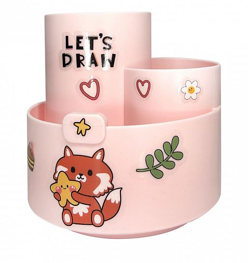 Подставка для канцелярских принадлежностей LOREX KIDS STICKERS WHITLY вращающаяся, 3 отд. 160х105х115 мм розовый пластик, с наклейками