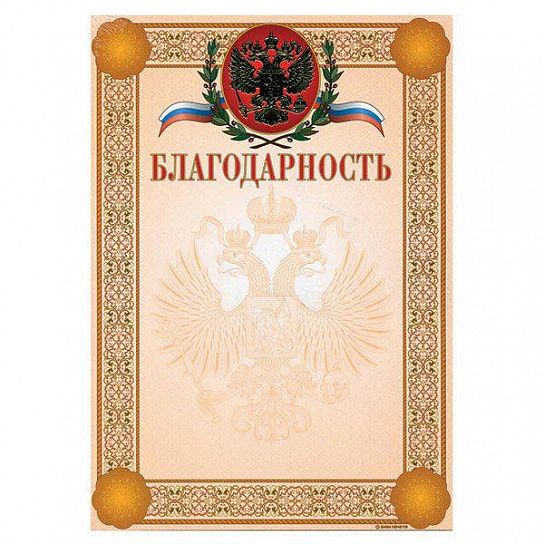 Благодарность Знак почета ГЕРБ И ФЛАГ А4, золотая, тиснение фольгой и конгрев