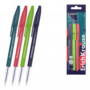 Набор шариковых ручек ErichKrause Slender Stick Reef синие, 1 цв., 0,7 мм, 4 шт, круглый корпус, глянцевое покрытие, игольчатый наконечник