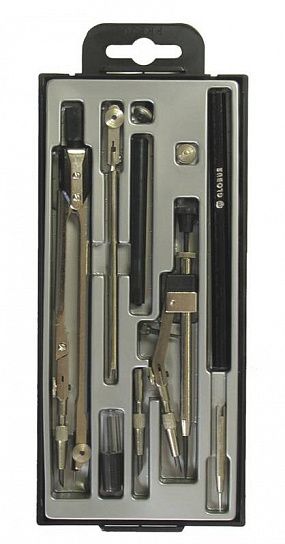 Набор чертежный (готовальня) GLOBUS ТЕХНИКА циркуль 155 мм металлический черный, 10 предметов, в пластиковом пенале с европодвесом