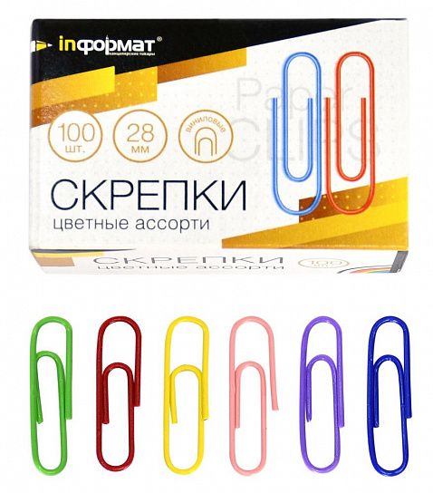 Скрепки INFORMAT 28 мм 100 шт., классические с цветным полимерным покрытием, картонная упаковка
