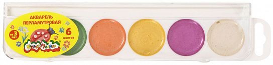 Акварель Каляка-Маляка ПЕРЛАМУТР 6 цветов, без кисти, круглый кювет, пластиковая упаковка с европодвесом