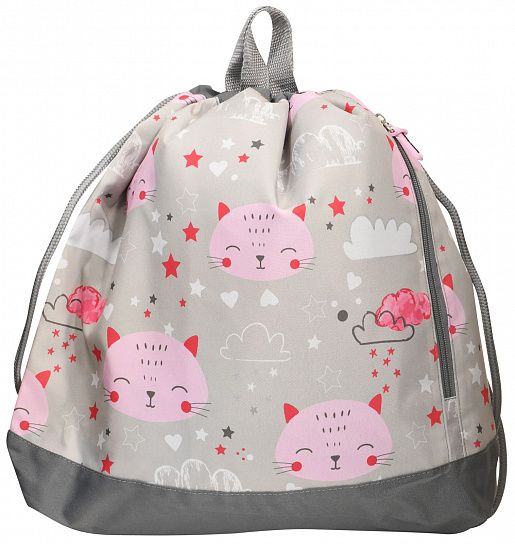 Мешок для обуви Каляка-Маляка КОШКА 38x35x6 см, серый, 1 отделение, с большим карманом на молнии, с ручками для девочек