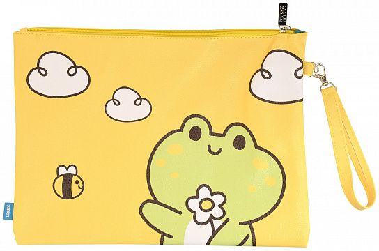 Папка для тетрадей 1 отделение А4 LOREX KIDS HAPPY FROG желтая, молния сверху, искусственная кожа с ручкой, универсальная
