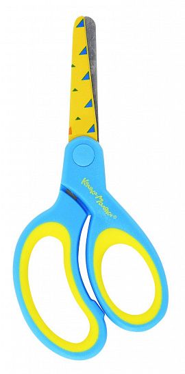 Ножницы детские Каляка-Маляка безопасные 135 мм, эргономичные ручки пластиковые с резиновыми вставками желтые с принтом на лезвиях