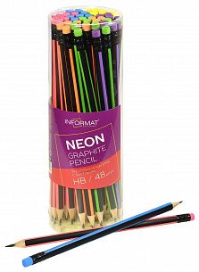 Карандаш чернографитный деревянный INFORMAT NEON НВ с ластиком, заточенный, трехгранный, принт на корпусе, тубус