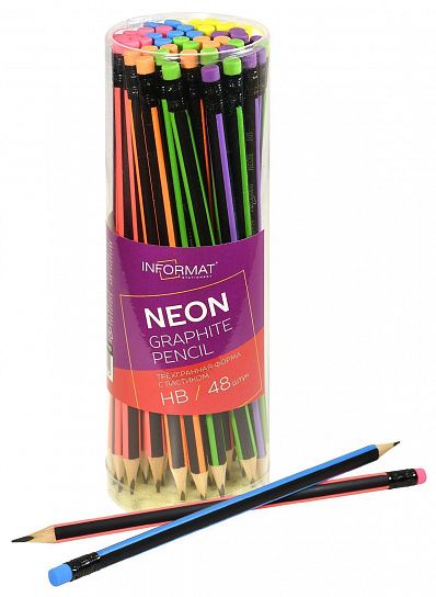 Карандаш чернографитный деревянный INFORMAT NEON НВ с ластиком, заточенный, трехгранный, принт на корпусе, тубус