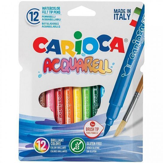 Фломастеры-кисточки CARIOCA ACQUARELL, 12 цветов, смываемые, круглый корпус, картонная упаковка, европодвес