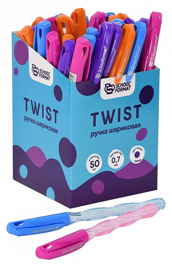 Ручка шариковая на масляной основе Schoolformat TWIST синяя 0,7 мм, ассорти круглый корпус, игольчатый наконечник