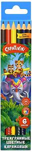 Набор цветных карандашей Creativiki 6 цв. трехгранные, деревянные, в картонной упаковке