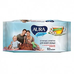 Салфетки влажные AURA FAMILY 17х15 см освежающие белые 63 шт
