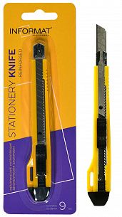 Нож канцелярский INFORMAT 9 мм с автоматической фиксацией, металлические направляющие