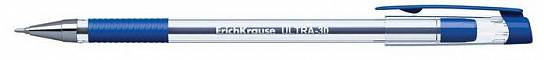 Ручка шариковая ErichKrause ULTRA L-30 синяя 0,7 мм, прозрачный круглый корпус, грип, игольчатый наконечник