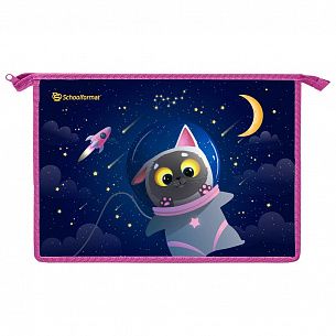 Папка для труда А4 широкая Schoolformat SPACE CAT синяя, комбинированный картон, молния сверху, перегородка-органайзер, для девочек