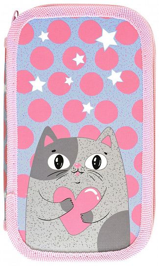 Пенал двухсекционный Schoolformat AMORE CAT 190х105х35 мм голубой, картон, полиэстер