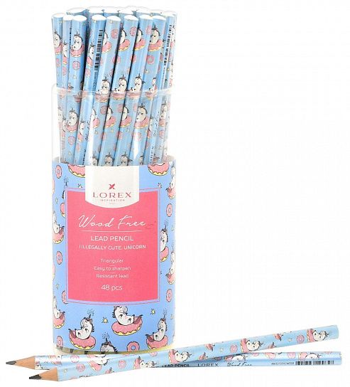 Карандаш чернографитный пластиковый LOREX WOOD FREE ILLEGALLY CUTE.UNICORN НВ заточенный, трехгранный, принт на корпусе, тубус