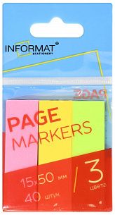 Закладки клейкие бумажные INFORMAT 15х50 мм 40 шт по 3 цв. ассорти неоновые