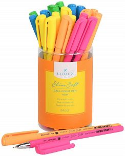 Ручка шариковая на масляной основе LOREX NEON Slim Soft синяя 0,5 мм, ассорти круглый корпус, покрытие ultra-soft touch, игольчатый наконечник
