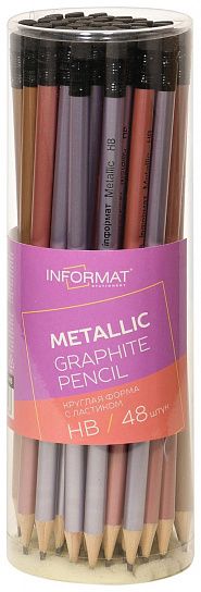 Карандаш чернографитный деревянный INFORMAT Metallic НВ с ластиком, заточенный, круглый, принт на корпусе, тубус