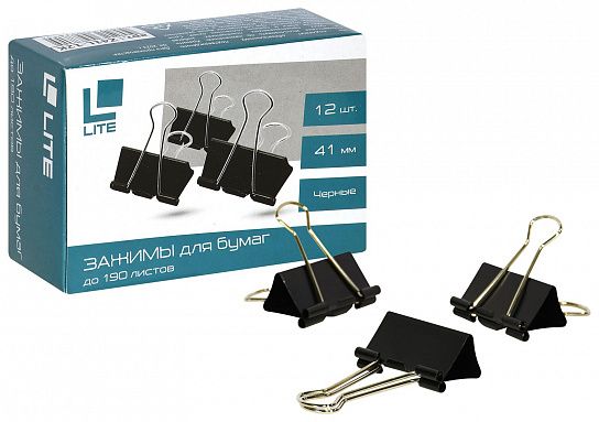 Зажим для бумаг LITE 41 мм черный, металл, 1 шт