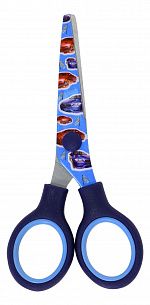 Ножницы школьные Schoolformat МАШИНЫ безопасные 130 мм, ручки пластиковые с резиновыми вставками голубые, синий с принтом на лезвиях