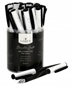 Ручка шариковая на масляной основе LOREX B&W.MARBLE Double Soft синяя 0,7 мм, черно-белый круглый корпус, покрытие ultra-soft touch, грип, игольчатый наконечник