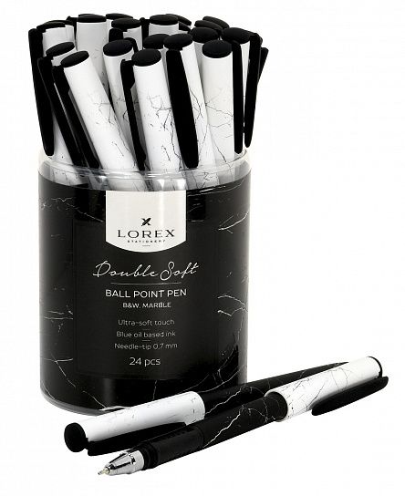 Ручка шариковая на масляной основе LOREX B&W.MARBLE Double Soft синяя 0,7 мм, черно-белый круглый корпус, покрытие ultra-soft touch, грип, игольчатый наконечник
