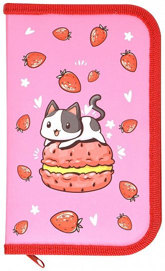 Пенал односекционный Schoolformat STRAWBERRY CAT 190х90х25 мм розовый, картон, полиэстер, soft touch покрытие