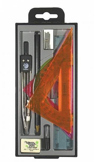 Набор чертежный (готовальня) GLOBUS ЮНИОР циркуль 125 мм металлический черный, 9 предметов, в пластиковом пенале с европодвесом