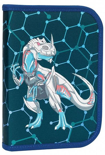 Пенал односекционный TIGER FAMILY МЕТАЛЛИЧЕСКИЙ ДИНО 13,5х19,5х3 см, 23 предмета, зеленый картон, полиэстер, с 1 откидной планкой