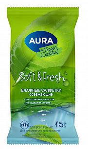 Салфетки влажные AURA TROPIC COCKTAIL 15x13 см ароматизированные белые 15 шт