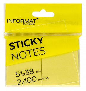 Блок самоклеящийся INFORMAT 51х38 мм, 2 штуки 100 листов, желтый
