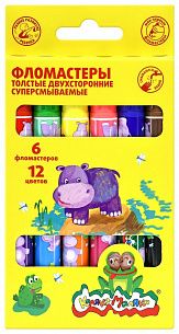 Фломастеры Каляка-Маляка классические 12 цв. круглый корпус, суперсмываемые, двухсторонние, принт на корпусе, картонная упаковка