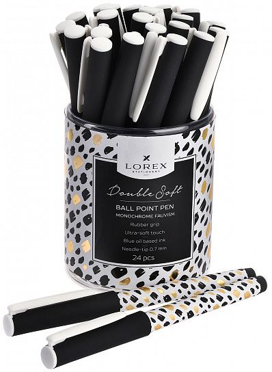 Ручка шариковая на масляной основе LOREX MONOCHROME FAUVISM DOUBLE SOFT синяя 0,7 мм, черно-белый круглый корпус, покрытие ultra-soft touch,