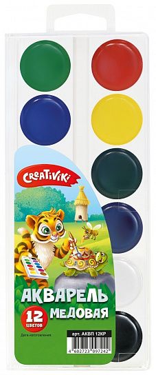 Акварель Creativiki 12 цветов, без кисти, пластиковая упаковка с европодвесом