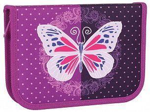 Пенал односекционный TIGER FAMILY КЛАССИЧЕСКАЯ БАБОЧКА 13x19,5x3 см, 23 предмета, сиреневый картон, полиэстер, с 1 откидной планкой