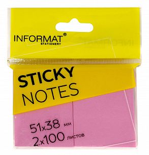 Блок самоклеящийся INFORMAT 51х38 мм, 2 штуки 100 листов, светло-розовый